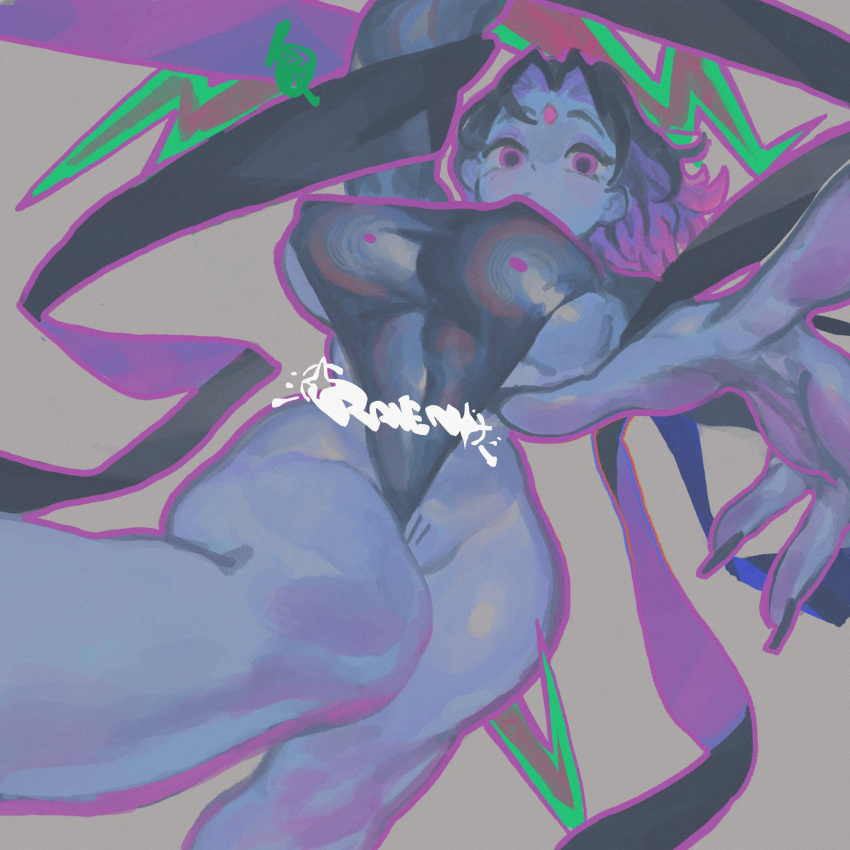 1girl arm_up big_breasts black_hair black_leotard breasts closed_mouth colored_inner_hair colored_skin covered_erect_nipples covered_navel dc_comics dot_mouth eyeshadow facial_mark feet_out_of_frame female forehead_jewel forehead_mark foreshortening from_below full_body grey_skin hagoromo high_res highleg highleg_leotard keziedra leotard long_sleeves looking_at_viewer looking_down makeup multicolored_hair outline outstretched_arm outstretched_hand pubic_hair pubic_hair_peek purple_eyes purple_eyeshadow purple_hair purple_outline raven_(dc) reaching reaching_towards_viewer shawl short_hair sideboob solo teen_titans two-tone_hair