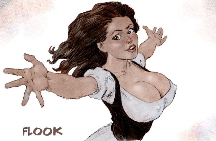 1girl bare_arms big_breasts breasts brown_eyes brown_hair brown_lipstick cleavage collarbone dirndl dress erect_nipples female_only female_solo flook flook_(artist) lips lipstick long_hair looking_at_viewer makeup naughty_face neck open_mouth original original_character outstretched_arms round_teeth short_sleeves simple_background smile spread_arms teeth upper_body upper_teeth upper_teeth_only white_background white_dress