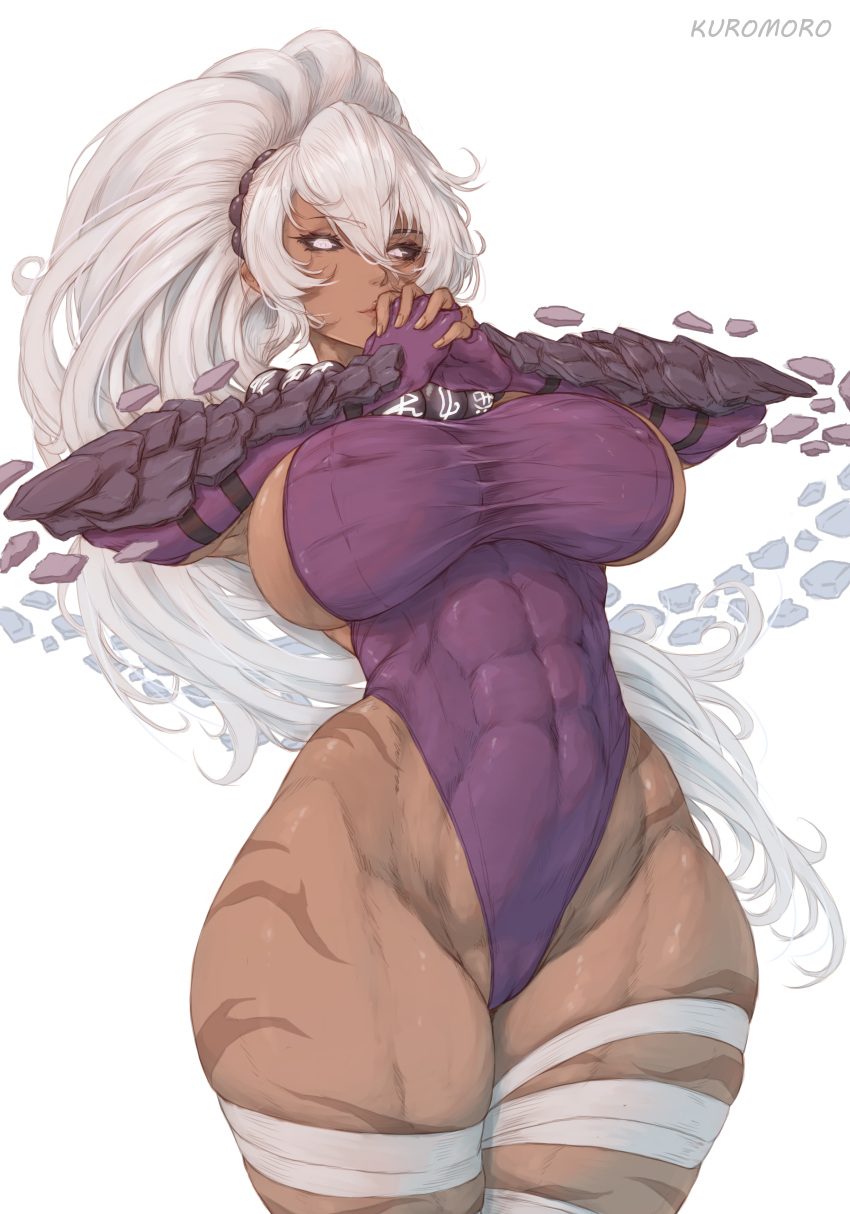 1girl big_breasts bubble_butt cleavage dark-skinned_female horny inviting_to_sex kuromoro laying laying_down looking_at_viewer pose teasing thick_thighs white_eyes white_hair