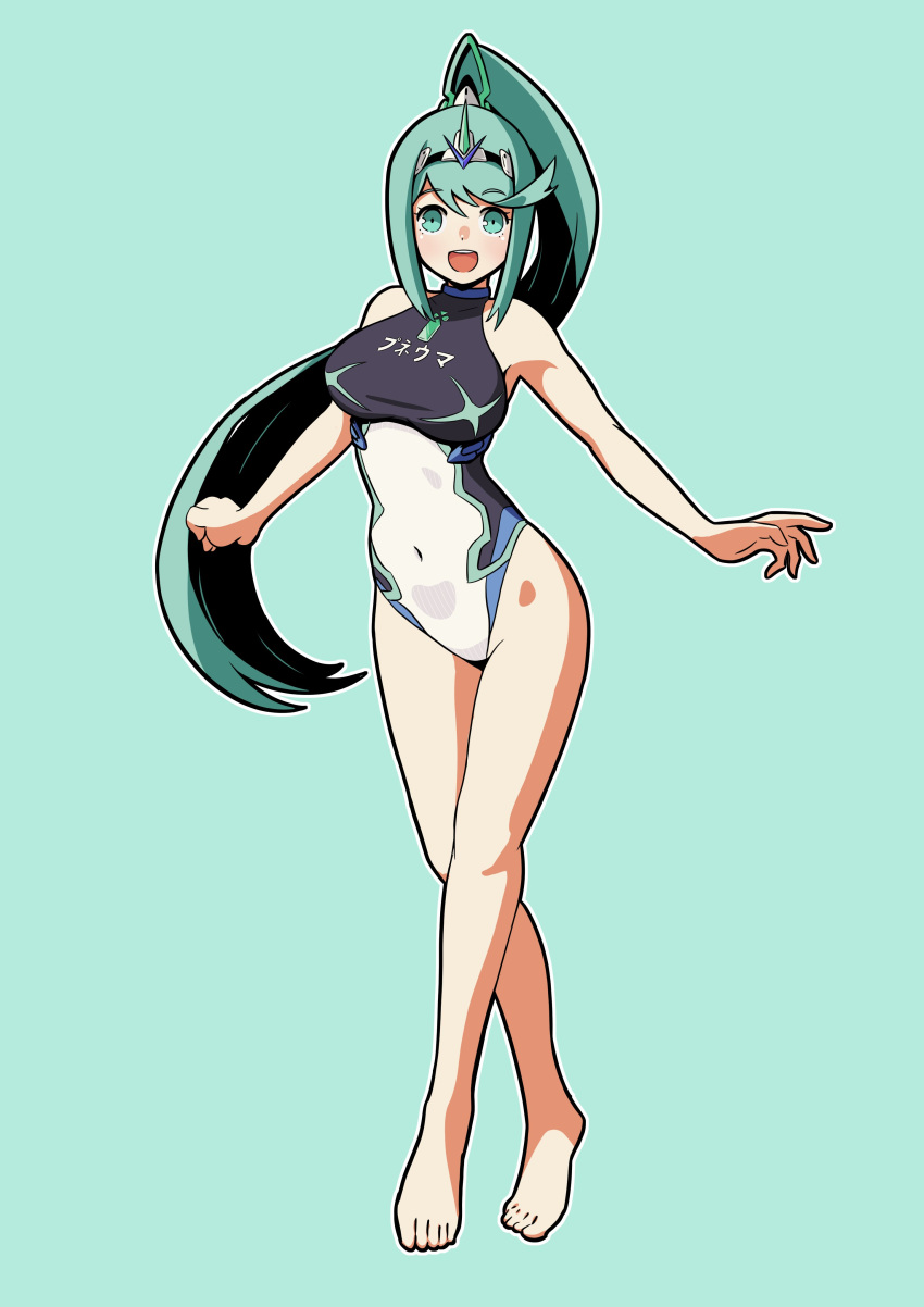 1girl :d absurd_res alluring aqua_background aqua_eyes aqua_hair barefoot big_breasts cianter covered_navel full_body high_ponytail high_res long_hair looking_at_viewer one-piece_bikini open_mouth pneuma_(xenoblade) ponytail simple_background smile swimsuit tiara toes xenoblade_(series) xenoblade_chronicles_2