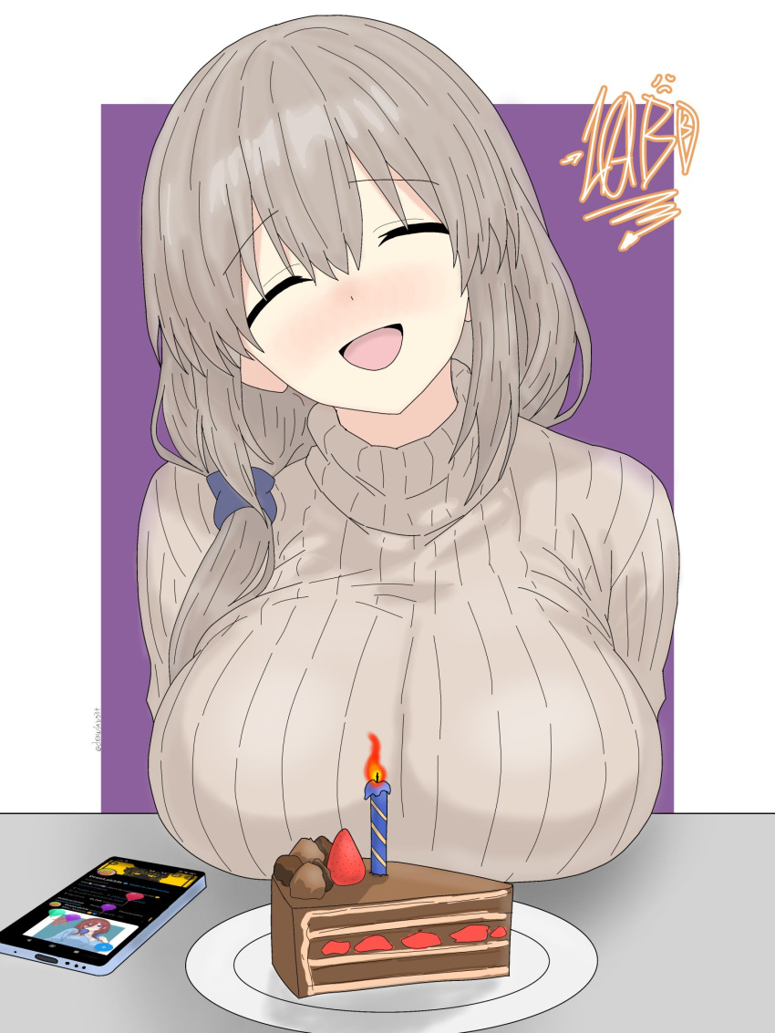 1girl :d big_breasts big_breasts blush breasts cake closed_eyes drawlab33t facing_viewer fruit huge_breasts long_hair open_mouth plate ribbed_sweater smile strawberry sweater uzaki-chan_wa_asobitai! uzaki_tsuki