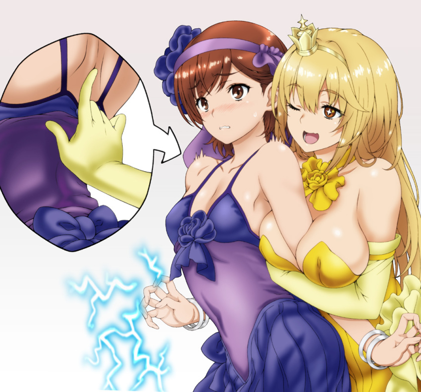2_girls a_certain_magical_index a_certain_scientific_railgun arm_at_side arm_between_breasts arm_grab back bare_arms bare_shoulders big_breasts blonde_female blonde_hair blue_dress blue_flower bracelet breasts brown_eyes brown_hair choker cleavage collarbone couple crown dress duo elbow_gloves electricity embarrassed eyebrows_visible_through_hair eyes_visible_through_hair female/female female_only femdom femsub flower friends frilled_dress frills from_behind_position gloves gold_crown gold_jewelry hair_between_eyes hair_flower hair_ornament hairband isse jewelry lezdom long_dress long_hair looking_at_another looking_to_the_side love mini_crown misaka_mikoto multiple_girls neck official_alternate_costume one_eye_closed open_mouth purple_dress purple_hairband romantic romantic_couple sexual_harassment shokuhou_misaki short_hair shy silver_bracelet silver_jewelry simple_background sleeveless sleeveless_dress small_breasts smile standing straight_hair strapless strapless_dress sweat sweatdrop symbol-shaped_pupils teen teenage_girl to_aru_kagaku_no_railgun to_aru_majutsu_no_index trembling white_background wink yellow_choker yellow_dress yellow_gloves yuri