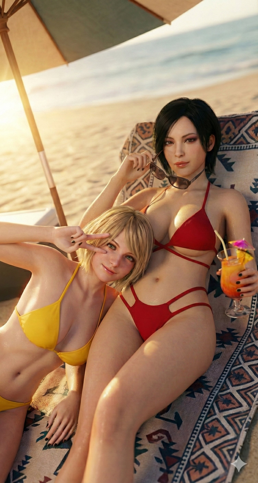 2_girls ada_wong ada_wong_(adriana) ashley_graham ashley_graham_(ella_freya) beach big_breasts bikini biohazard breasts capcom cleavage cuote4mikewhere grin happy medium_breasts navel peace_sign peace_symbol red_bikini red_bikini_bottom red_bikini_top resident_evil resident_evil_4 resident_evil_4_remake short_hair shoulder_length_hair smile swimsuit swimwear twitter v video_game_character video_game_franchise video_games yellow_bikini yellow_bikini_bottom yellow_bikini_top