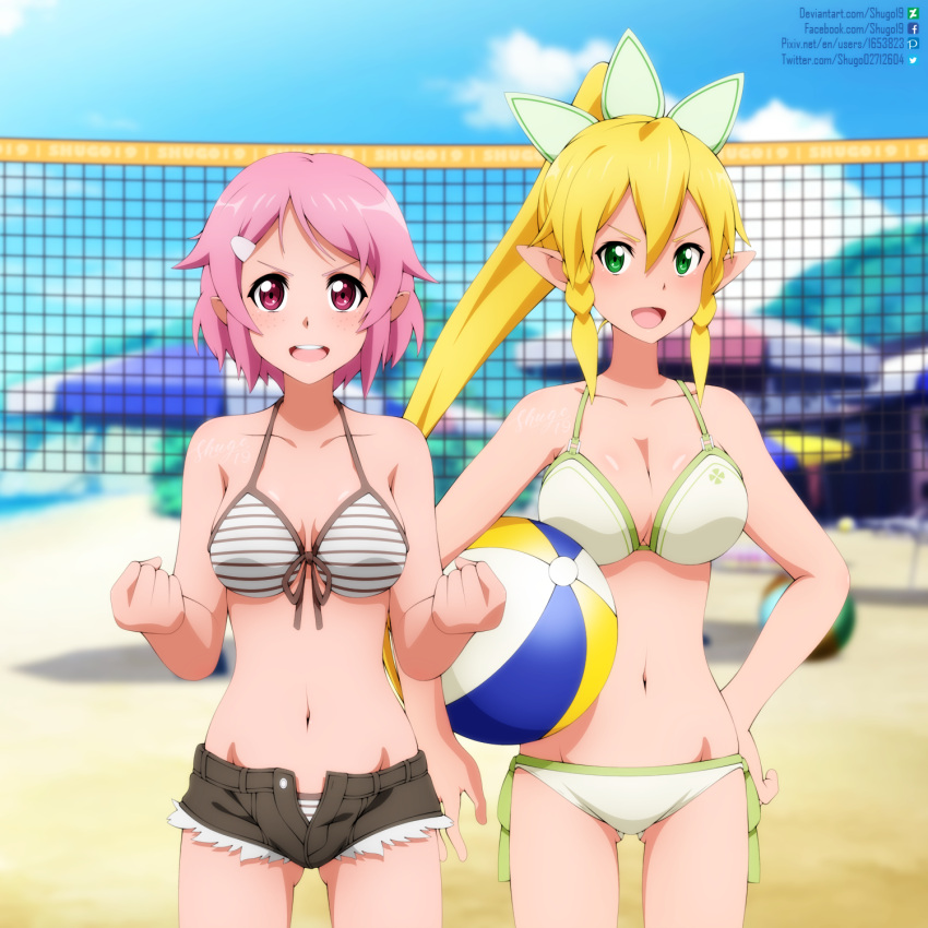 2_girls alluring beach beachball big_breasts bikini blonde_hair cleavage green_eyes holding_beachball leafa lisbeth magenta_eyes pink_hair shorts shugo19 sword_art_online volleyball_net