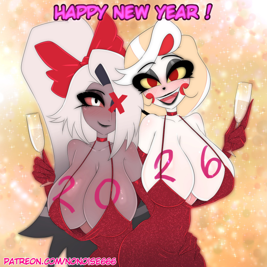 2_girls big_breasts breasts charlie_morningstar charlie_morningstar_(hazbin_hotel) dress happy_new_year hazbin_hotel new_year newyear nonoise666 red_dress sexy tagme twitter vaggie_(hazbin_hotel) vivienne_medrano vivziepop
