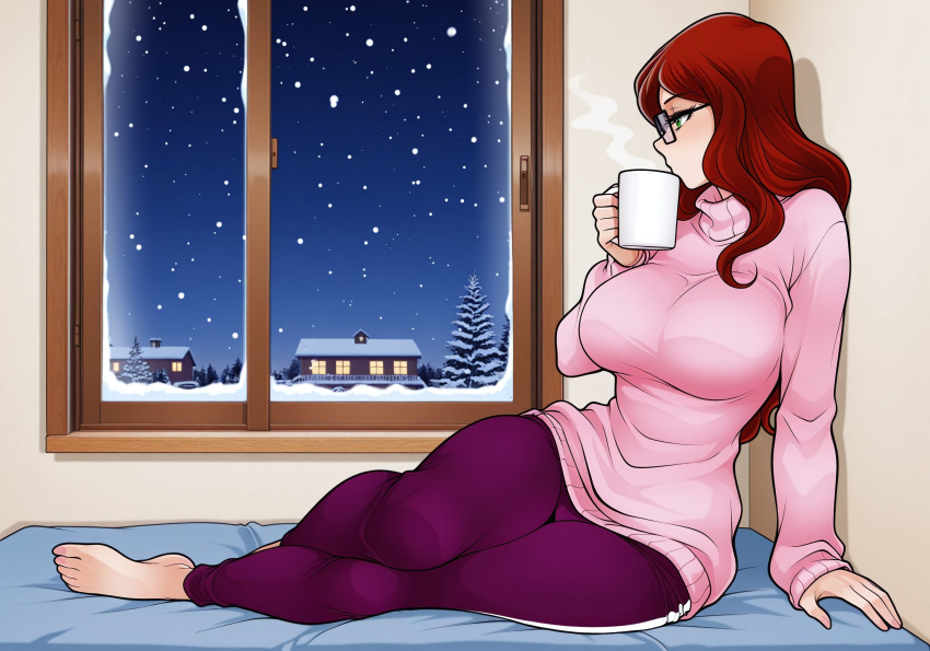 2026 2026s 2d against_wall ai_generated ai_jago_dibuja barefoot big_breasts fully_clothed glasses green_eyes holding_coffee_mug holding_object laying_on_side living_with_hipstergirl_and_gamergirl looking_out_window lounging night night_sky nonsexual pinup red_hair safe_for_work sfw snow snow_on_trees sophie_(living_with_hipstergirl_and_gamergirl) track_pants turtleneck turtleneck_sweater window