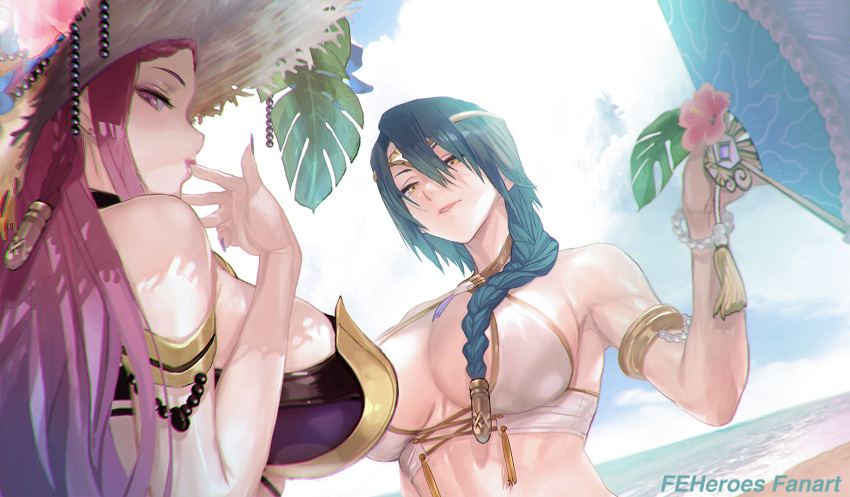 2girls alluring beach big_breasts bikini blue_sky bostoku cleavage fire_emblem intelligent_systems loki_(fire_emblem) nintendo ocean olive_eyes pink_eyes pink_hair sideboob teal_hair thorr_(fire_emblem)