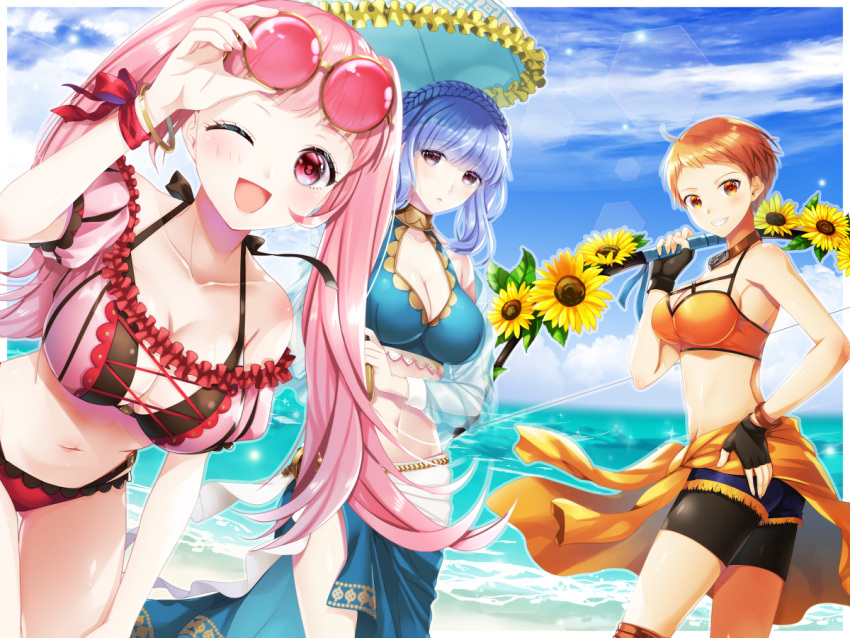 3_girls alluring alternate_costume big_breasts bikini blue_hair cleavage female_focus fire_emblem fire_emblem:_three_houses hilda_valentine_goneril hilda_valentine_goneril_(summer) intelligent_systems leonie_pinelli leonie_pinelli_(summer) marianne_von_edmund marianne_von_edmund_(serene_adherent) matching_hair/eyes multiple_girls navel nintendo official_alternate_costume one_eye_closed orange_eyes orange_hair parasol pink_eyes pink_hair short_hair stomach sunglasses swimsuit umbrella wink yuino_(fancy_party)