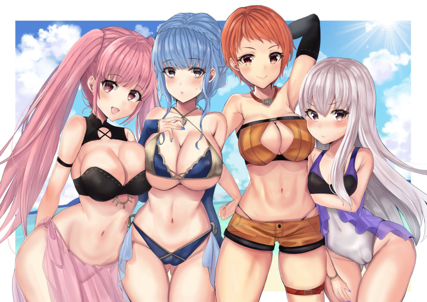 4girls adapted_costume alluring ass big_breasts bikini blue_hair blue_sky braid brown_eyes cameltoe cleavage closed_mouth crown_braid day female_focus fire_emblem fire_emblem:_three_houses high_res hilda_valentine_goneril intelligent_systems leonie_pinelli long_hair lysithea_von_ordelia marianne_von_edmund matching_hair/eyes multiple_girls nail_polish navel nintendo one-piece_swimsuit open_mouth orange_eyes orange_hair outside pink_eyes pink_hair sarong short_hair skindentation sky smile strapless strapless_bikini swimsuit thigh_strap twin_tails under_boob white_hair yui_(msy1302mana)