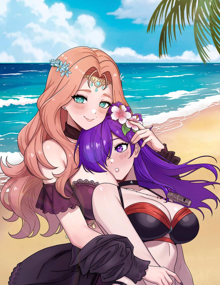 2_girls absurd_res alluring alternate_costume beach big_breasts bikini black_bikini breast_smother cleavage cornelia_arnim face_to_breasts female_focus fire_emblem fire_emblem:_three_houses fire_emblem_heroes fire_emblem_warriors:_three_hopes flower green_eyes hair_flower hair_ornament high_res hugging intelligent_systems medium_breasts mole mole_on_breast multiple_girls nintendo official_alternate_costume orange_hair outside palm_tree purple_bikini purple_eyes purple_hair rein_creamsoda shez_(fire_emblem) shez_(fire_emblem)_(female) shez_(summer)_(fire_emblem) swimsuit tree