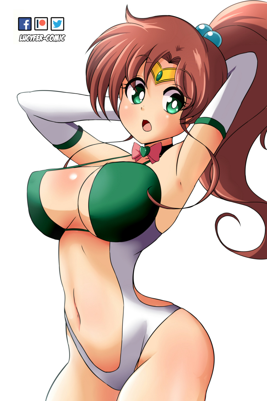 1girl 1girl absurd_res adult_swim alluring arms_behind_head arms_up artist_name big_breasts bishoujo_senshi_sailor_moon bishoujo_senshi_sailor_moon_r bishoujo_senshi_sailor_moon_r_the_movie bishoujo_senshi_sailor_moon_s bishoujo_senshi_sailor_moon_s_the_movie bishoujo_senshi_sailor_moon_supers bishoujo_senshi_sailor_moon_supers_the_movie blush bow bowtie brown_hair center_opening circlet cowboy_shot elbow_gloves female_focus gloves green_eyes hair_bobbles hair_ornament heart high_res looking_to_the_side lucyfer makoto_kino navel one-piece_bikini open_mouth pink_bow ponytail sailor_jupiter simple_background standing swimsuit toei_animation toonami viz_media watermark white_background white_gloves