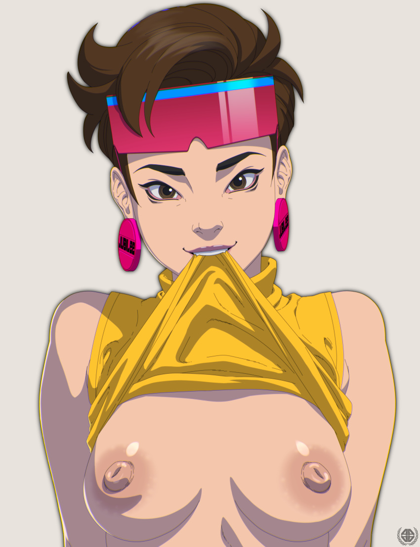 alternate_version_available amaurymangaka asian asian_female big_breasts breasts brown_eyes earrings jubilation_lee jubilee looking_at_viewer marvel nude shirt_pull sunglasses sunglasses_on_head x-men x-men_97