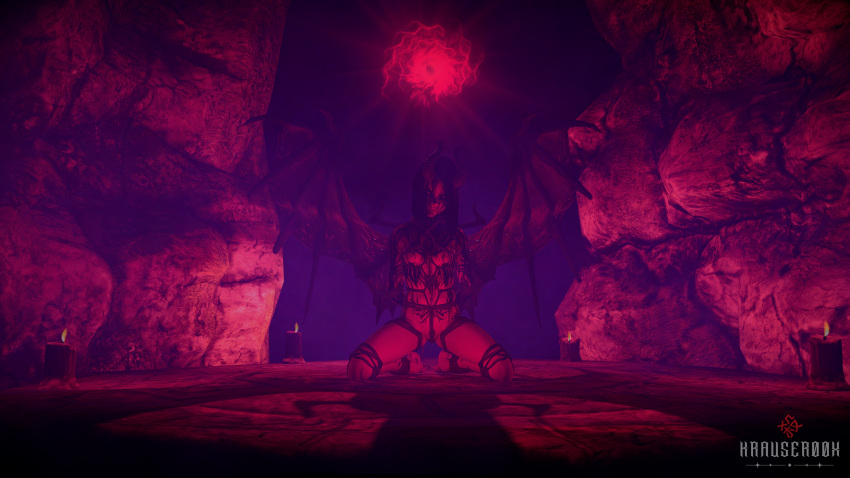 3d artist_request big_breasts black_hair black_sclera bondage candle cave chest_tattoo demon_girl demon_horns demon_wings hands_behind_back horns kneel kneeling_female krauser00x looking_at_viewer makeup makeup_running nude nude_female pelvic_tattoo pentagram purple_background pussy red_eyes red_skin red_wings ritual shibari short_hair tattoo tattoos tied tied_hands tribal_tattoo