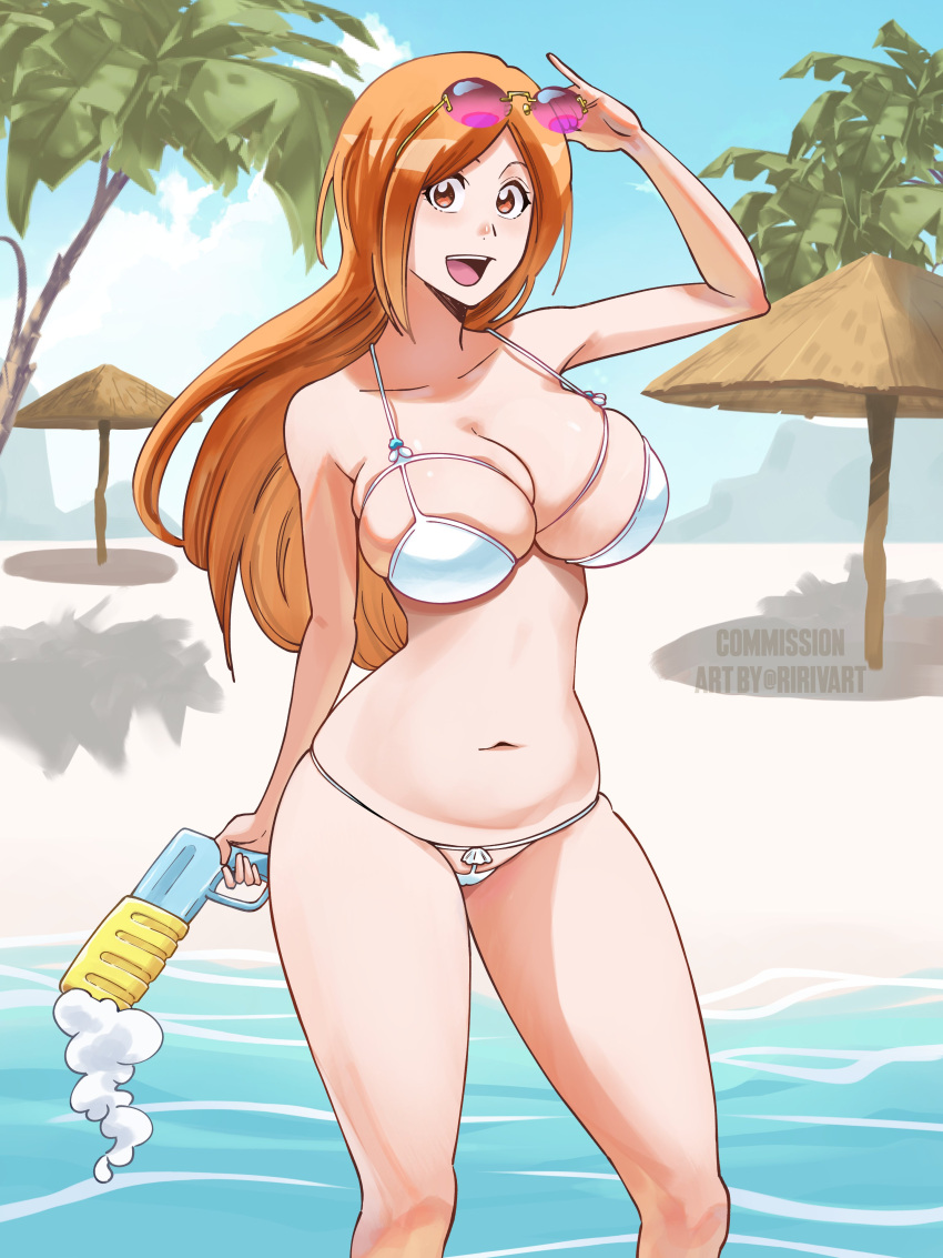 1girl 1girl absurd_res alluring bare_arms bare_shoulders beach beach_umbrella belly big_breasts bikini bleach bleach:_epilogue blush cleavage collarbone commentary commission english_commentary eyewear_on_head feet_out_of_frame halterneck hand_up high_res holding holding_removed_eyewear holding_water_gun inoue_orihime long_hair looking_at_viewer navel ocean official_alternate_costume open_mouth orange_eyes orange_hair palm_leaf palm_tree pink-framed_eyewear revealing_clothes ririvart sand skindentation standing stomach string_bikini sunglasses swimsuit teeth thighs tree umbrella unworn_eyewear upper_teeth_only water water_gun white_bikini