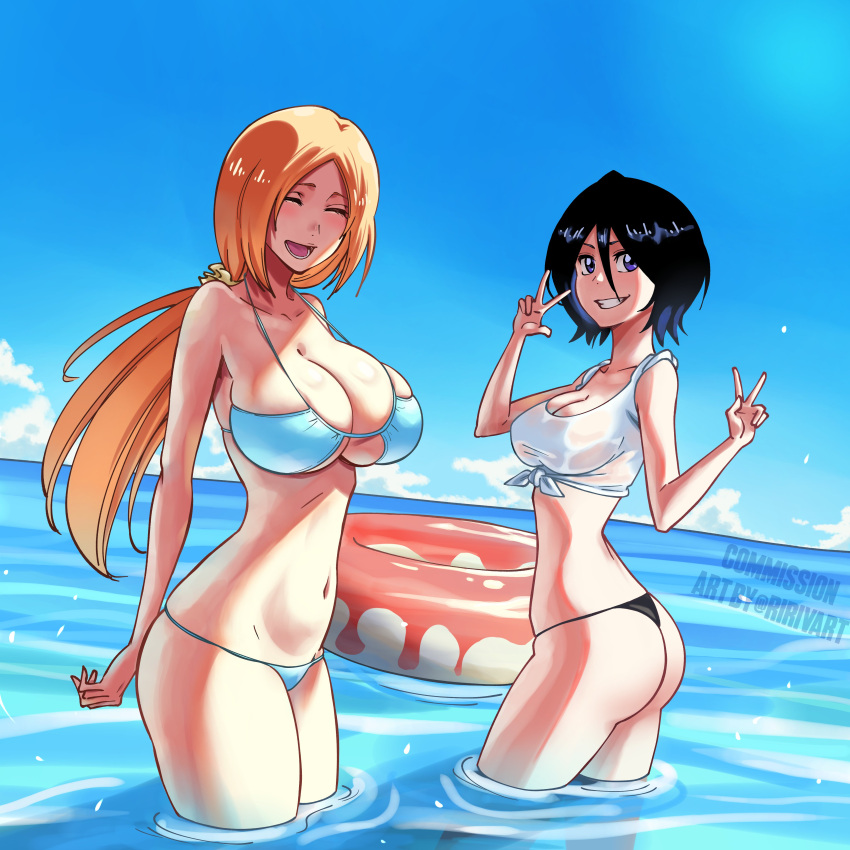 2_girls absurd_res alluring artist_name bare_shoulders big_breasts bikini black_hair bleach blush brown_eyes closed_eyes collarbone commission hair_ornament hair_scrunchie high_res inoue_orihime kuchiki_rukia long_hair medium_hair multiple_girls ocean open_mouth orange_hair partially_submerged peace_symbol ririvart scrunchie small_breasts swim_ring swimsuit teeth water