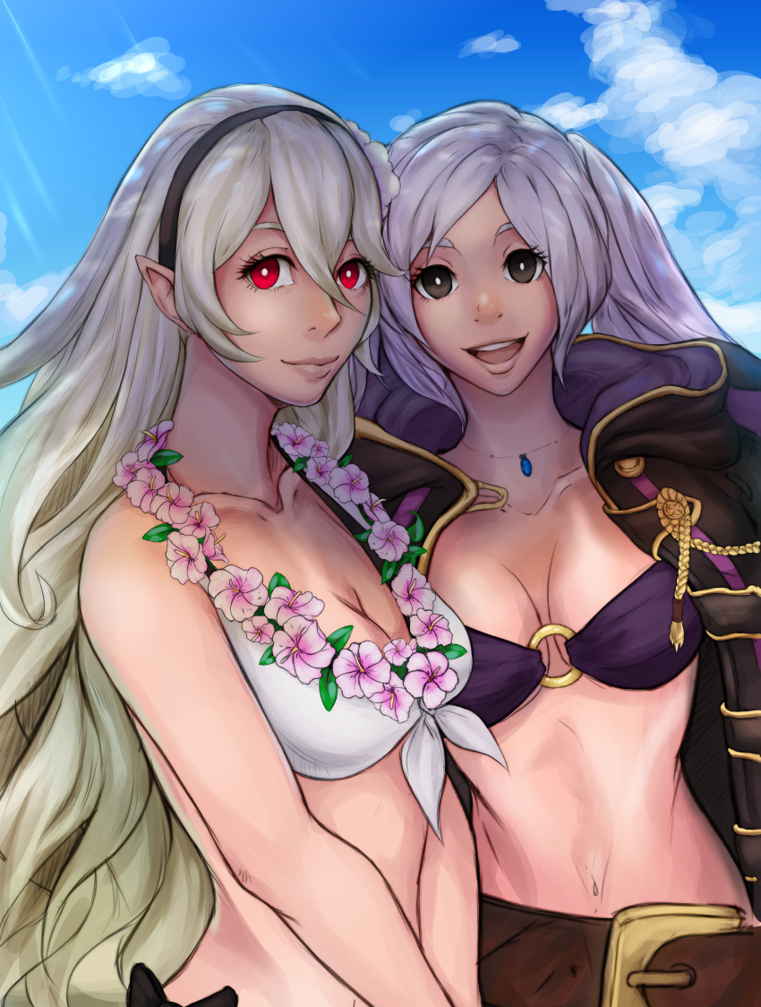 2_girls absurd_res alluring big_breasts bikini blue_sky cleavage cloak corrin_(fire_emblem) corrin_(fire_emblem)_(female) corrin_(summer)_(fire_emblem)_(female) day fire_emblem fire_emblem_awakening fire_emblem_fates fire_emblem_heroes fire_emblem_warriors flower flower_necklace front-tie_bikini_top front-tie_top hairband high_res intelligent_systems jacket jacket_on_shoulders jewelry lei long_hair looking_at_viewer medium_breasts multiple_girls necklace nintendo o-ring o-ring_bikini pointy_ears red_eyes robin_(fire_emblem) robin_(fire_emblem)_(female) robin_(summer)_(fire_emblem)_(female) silver_hair sky smile swimsuit tryntler very_long_hair