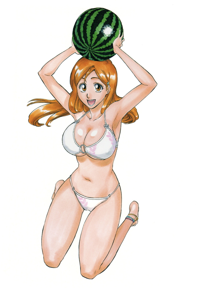 00s 1girl 2006 alluring anklet bare_shoulders big_breasts bikini bleach brown_eyes collarbone female_focus food fruit hair_ornament hairclip happy holding holding_food holding_fruit inoue_orihime jewelry kneel kubo_tite long_hair looking_at_viewer navel official_art orange_hair second-party_source shiny_skin simple_background snowflake_hair_ornament stomach swimsuit watermelon white_background