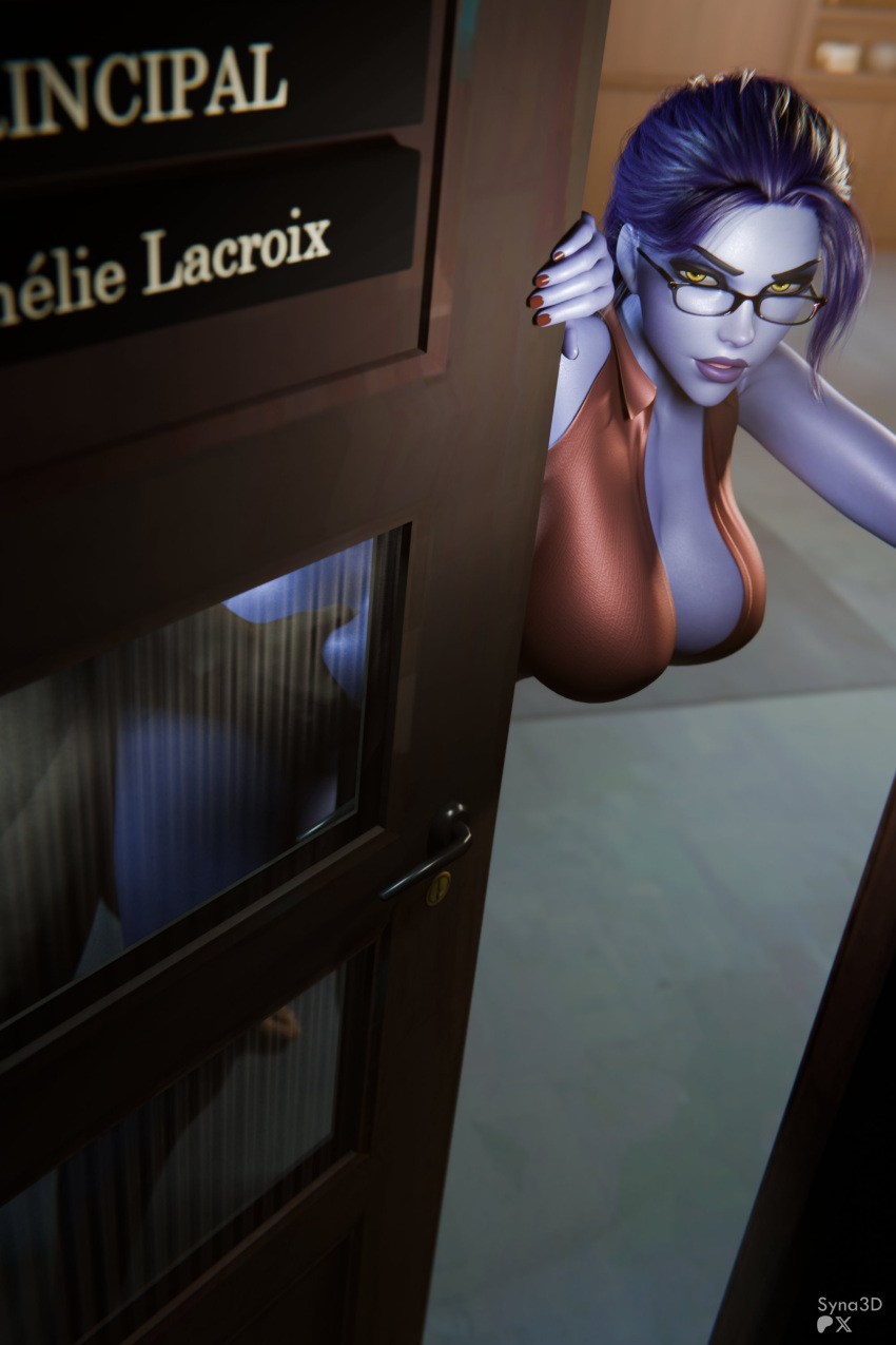 1boy 1girl 1girls 3d 3d_(artwork) amelie_lacroix big_breasts blue-skinned_female blue_hair blue_skin bottomless breasts caught caught_in_the_act glasses light-skinned_male light_skin lipstick male overwatch overwatch_2 partial_male principal principal_lacroix principal_office purple_lips purple_lipstick sex_from_behind standing standing_sex syna syna3d tagme teacher teacher_outfit widowmaker widowmaker_(overwatch) yellow_eyes