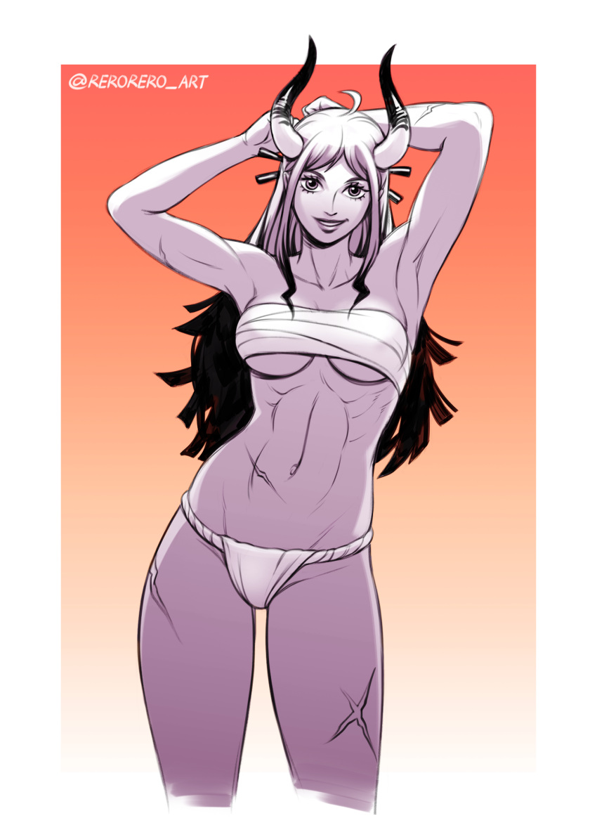 1girl 1girl 1girl abs alluring athletic_female bandage big_breasts breasts clothed curvy ear_piercing earrings female_abs female_focus female_only fit_female fundoshi high_res high_res hoop_earrings horned_humanoid horns humanoid light-skinned_female light_skin long_hair monochrome one_piece oni oni_horns panties rerorero sarashi simple_background solo_female thick_thighs thighs white_background wide_hips yamato_(one_piece) youkai