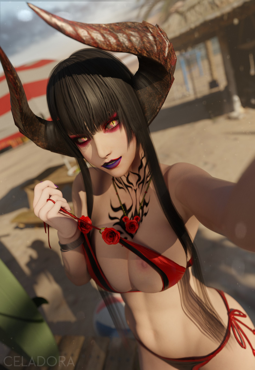 1girl 1girl 1girl alluring big_breasts bikini black_hair celadora eliza_(tekken) female_only horns long_hair namco nip_slip tekken tekken_8 vampiress