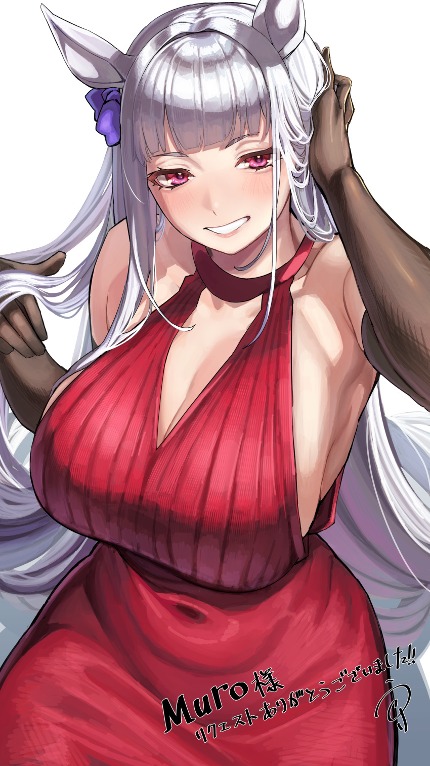 1girl 1girl 1girls absurd_res alternate_costume animal_ears big_breasts big_breasts black_gloves blush breasts cleavage commentary_request commission dress ear_ornament elbow_gloves gloves gold_ship_(umamusume) grey_tail hair_intakes high_res horse_ears horse_girl horse_tail long_hair looking_at_viewer red_dress red_eyes simple_background skeb_commission sleeveless sleeveless_dress smile tail umamusume umamusume_pretty_derby utsuke_(u_tuk_e) white_background