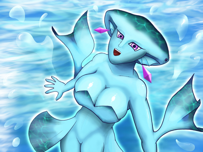 1girl 1girl 1girls alluring big_breasts blue_skin earrings epic_omi female_only happy hyrule_warriors looking_at_viewer nintendo ocean pink_eyes princess_ruto the_legend_of_zelda water zora