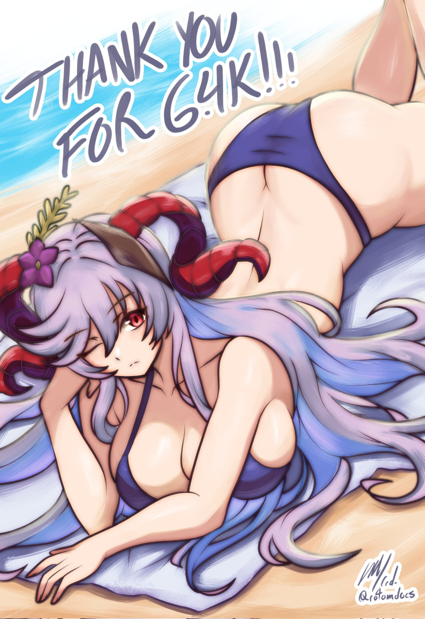 1girl 1girl ;( alluring ass bare_shoulders beach_towel big_breasts bikini butt_crack cleavage closed_mouth collarbone commentary corrupted_twitter_file english_commentary fire_emblem fire_emblem_heroes freyja_(fire_emblem) freyja_(summer)_(fire_emblem) goat_horns grey_hair hair_between_eyes high_res horns intelligent_systems light_frown long_hair looking_at_viewer lying milestone_celebration nintendo ocean official_alternate_costume on_stomach one_eye_closed purple_bikini red_eyes rotomdocs sand signature swimsuit thank_you towel twitter_username very_long_hair