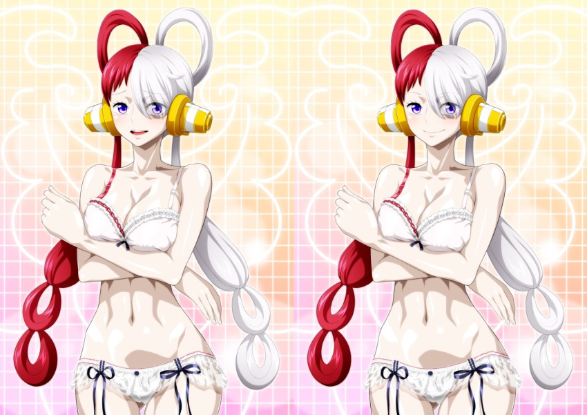 1girl 1girl alluring big_breasts female_only grin headgear headwear long_hair nel-zel_formula nipples_visible_through_clothing one_piece one_piece_film_red open_mouth purple_eyes red-haired_female red_hair singer smile twin_braids twin_tails two-tone_hair underwear uta_(one_piece) white-haired_female white_hair white_skin