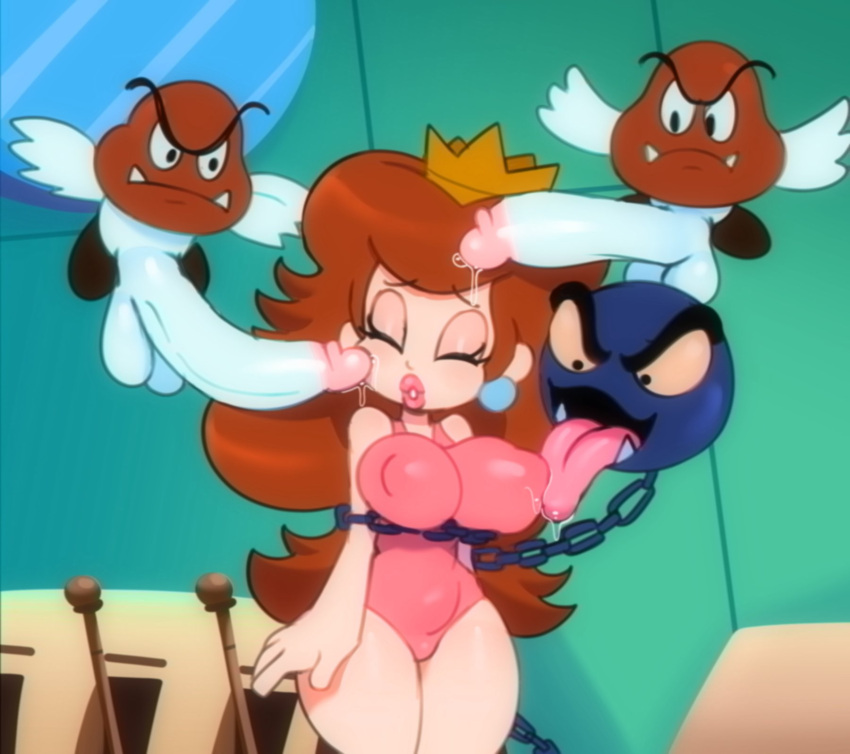 1girl 1girls 1other 2022 2boys ambiguous_gender big_breasts big_penis breasts brown_hair chain_chomp closed_eyes dic_entertainment goomba huge_cock implied_male licking licking_breast lipstick male mario_(series) nintendo one-piece_swimsuit paragoomba penis pink_lipstick pink_swimsuit precum princess_peach princess_toadstool redraw small_but_hung somescrub swimsuit tagme the_super_mario_bros._super_show!