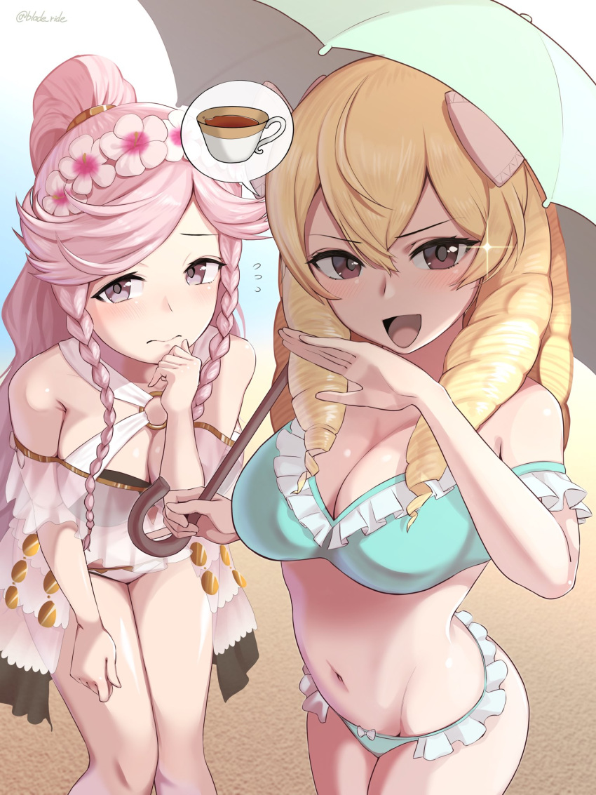 1girl 2_girls alluring alternate_costume big_breasts bikini blade_ride blonde_hair blue_bikini brown_eyes cleavage fire_emblem fire_emblem_awakening fire_emblem_heroes green_bikini intelligent_systems looking_at_viewer maribelle_(fire_emblem) nintendo official_alternate_costume olivia_(fire_emblem) parasol pink_eyes pink_hair swimsuit white_bikini