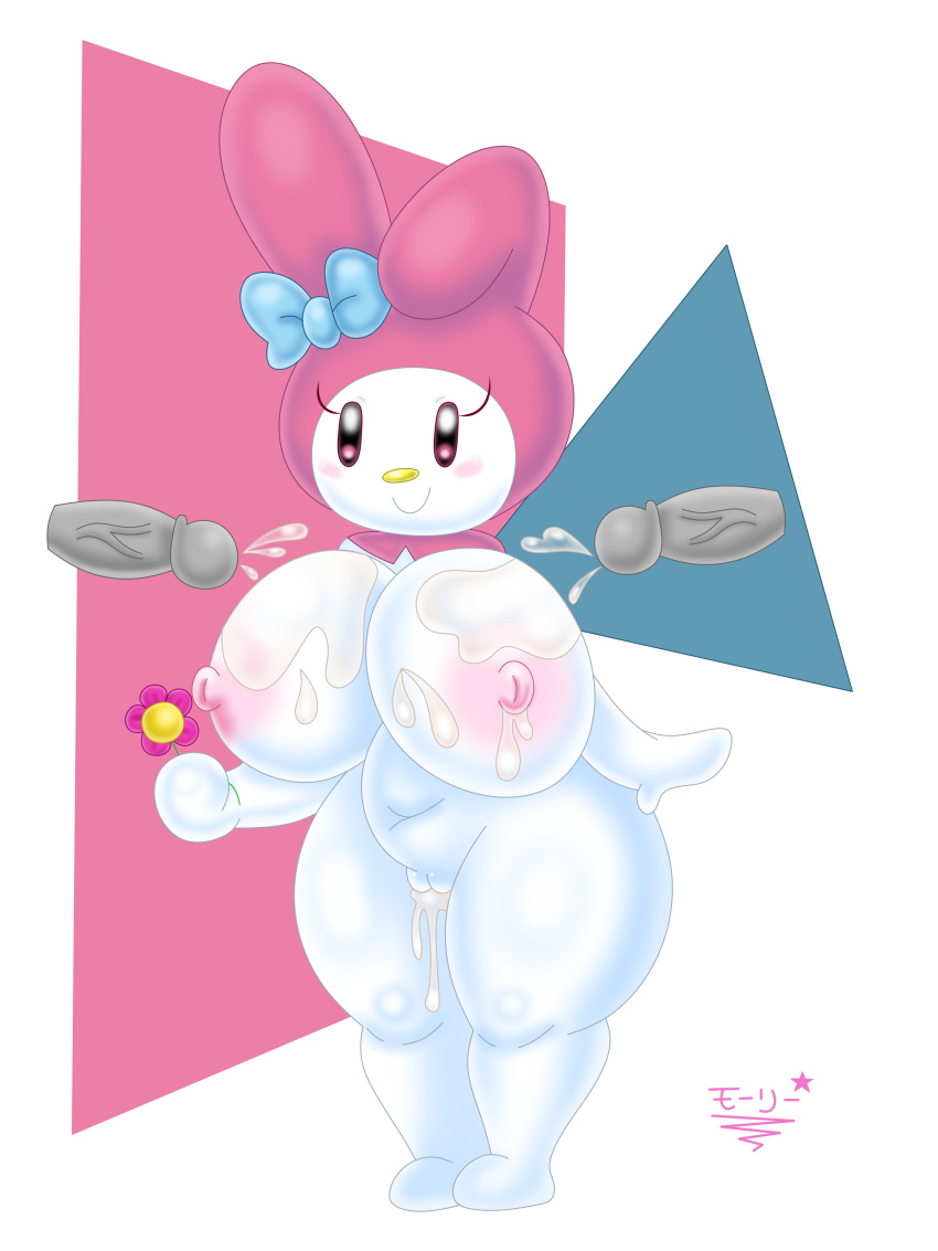 1girl 2_penises anthro areola areolae artist_name big_breasts big_thighs black_eyes blush blush_lines blushing blushing_female bowtie breasts bunny cum cum_in_pussy cum_on_body cum_on_breasts cumming cumming_together digital_drawing_(artwork) digital_media_(artwork) dildo fanart female female_only flower fur genitals hello_kitty_(series) holding_flower huge_thighs my_melody nipples penis pupils pussy rabbit sanrio smile solo superstarplasma white_body white_fur yellow_nose