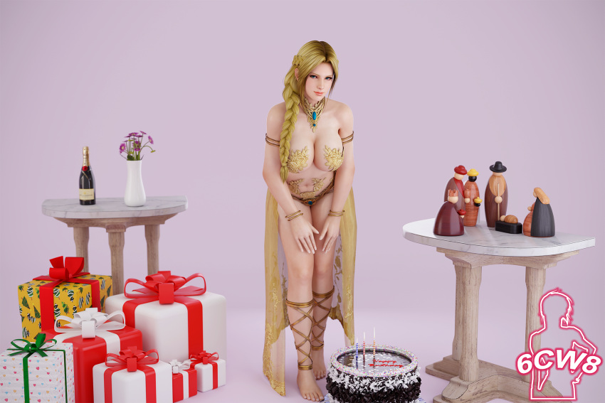 1girl 6cw8 alluring big_breasts birthday birthday_cake blonde_hair blue_eyes cleavage dead_or_alive dead_or_alive_2 dead_or_alive_3 dead_or_alive_4 dead_or_alive_5 dead_or_alive_6 dead_or_alive_xtreme_venus_vacation grape_juice_glass helena_douglas presents seductive_outfit tecmo