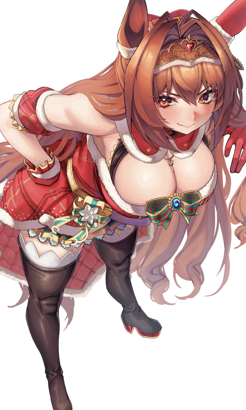 1girl absurd_res animal_ears antenna_hair bare_shoulders big_breasts black_boots blush boots breasts cleavage closed_mouth commentary_request daiwa_scarlet_(umamusume) dress ear_covers fur-trimmed_dress fur_trim gloves hair_between_eyes hair_intakes hand_on_own_hip high_res horse_ears horse_girl horse_tail leaning_forward long_hair looking_at_viewer oerba_yun_fang official_alternate_costume official_alternate_hairstyle plaid_clothes plaid_dress red_dress red_gloves santa_costume santa_dress simple_background skin_fang smile tail thigh_high_boots thighs tiara umamusume umamusume_pretty_derby utsuke_(u_tuk_e) white_background