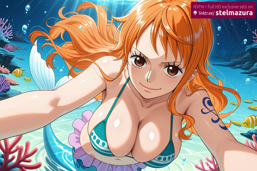 1girl ai_assisted ai_generated air_bubble bangs bare_shoulders big_breasts bikini bikini_top_only breasts brown_eyes bubble cleavage closed_mouth collarbone coral female female_only fish floating_hair long_hair looking_at_viewer mermaid monster_girl nami_(one_piece) navel one_piece orange_hair shiny shiny_skin smile solo stelmazura swimsuit tattoo underwater v-shaped_eyebrows