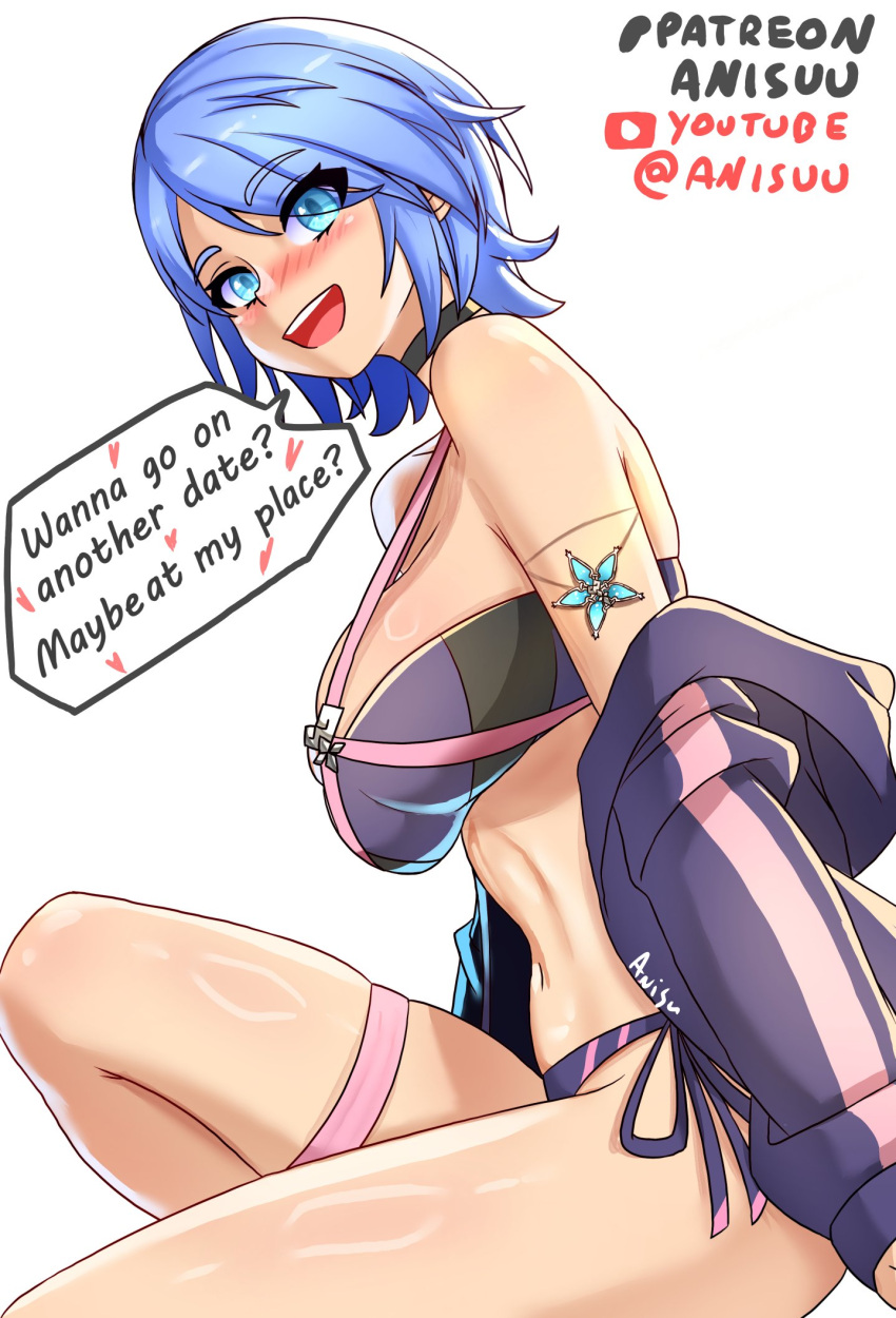 1girl alluring anisdrawn aqua_(kingdom_hearts) big_breasts bikini blue-haired_female blue_hair disney female_focus female_only kingdom_hearts light-skinned_female light_skin square_enix swimsuit thick_thighs thighs white_background