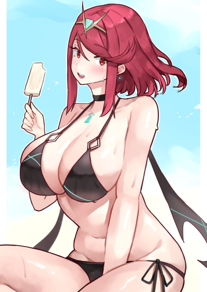 1girl alluring beach big_breasts bikini black_bikini blue_sky blush clouds curvy open_mouth plump popscicle popsicle pyra_(xenoblade) shiorino_mani smile sweatdrop xenoblade_(series) xenoblade_chronicles_2 yotsuha_uni