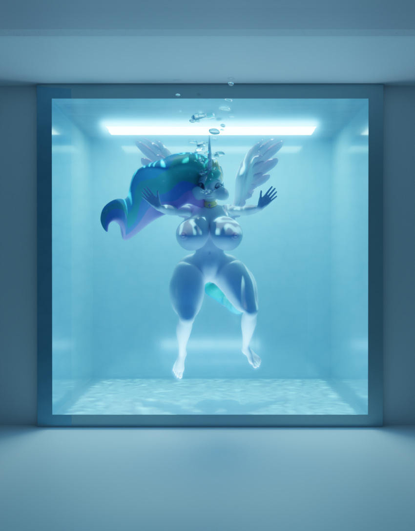 1girl aquaphilia aquarium big_breasts breasts bubbles drowning female friendship_is_magic hasbro my_little_pony nipples nude peril princess_celestia princess_celestia_(mlp) puffy_cheeks pussy solo underwater underwater_peril unicorn zantzusui
