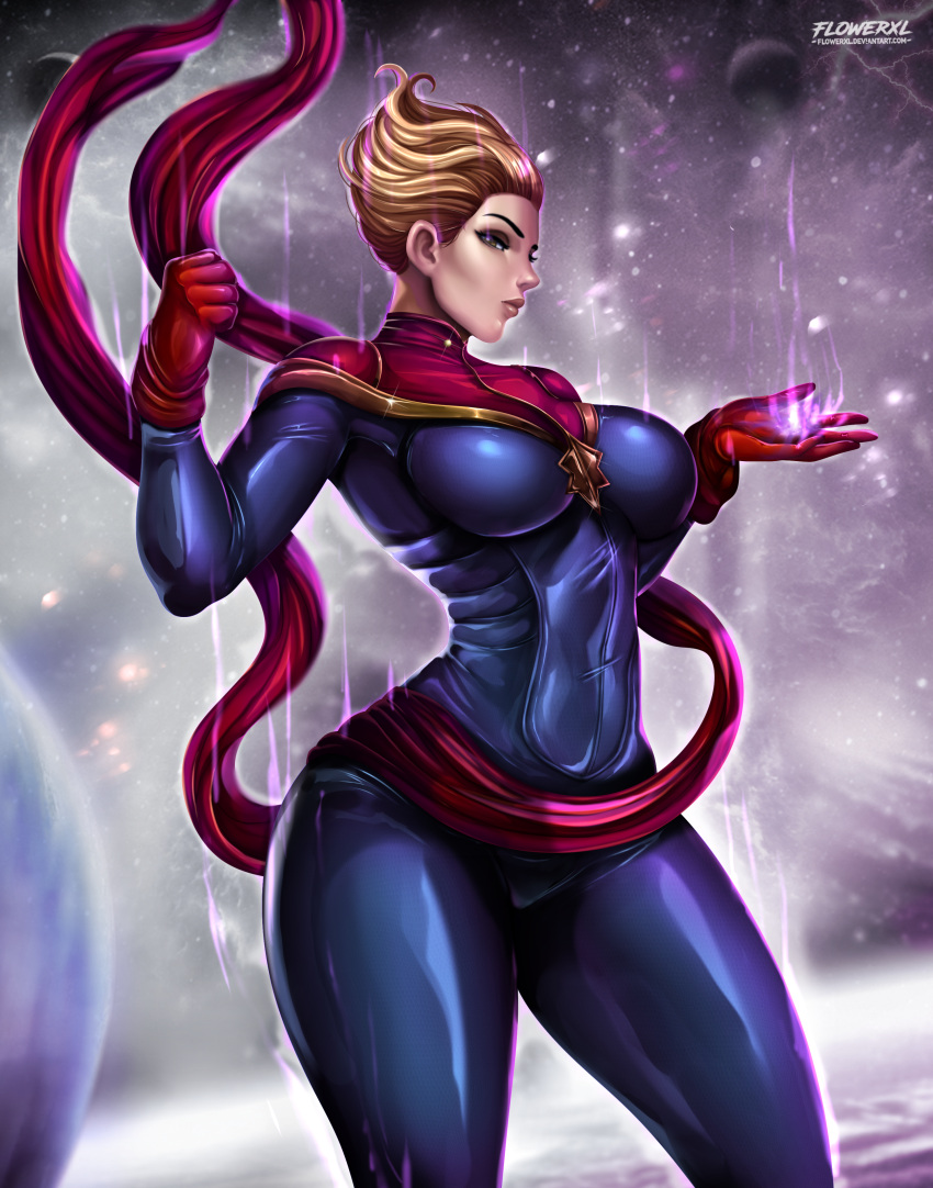 1girl big_breasts blonde_hair blue_bodysuit blue_eyes captain_marvel carol_danvers female female_only flowerxl gloves light-skinned_female looking_at_viewer makeup marvel marvel_comics muscular_female planet red_gloves solo space