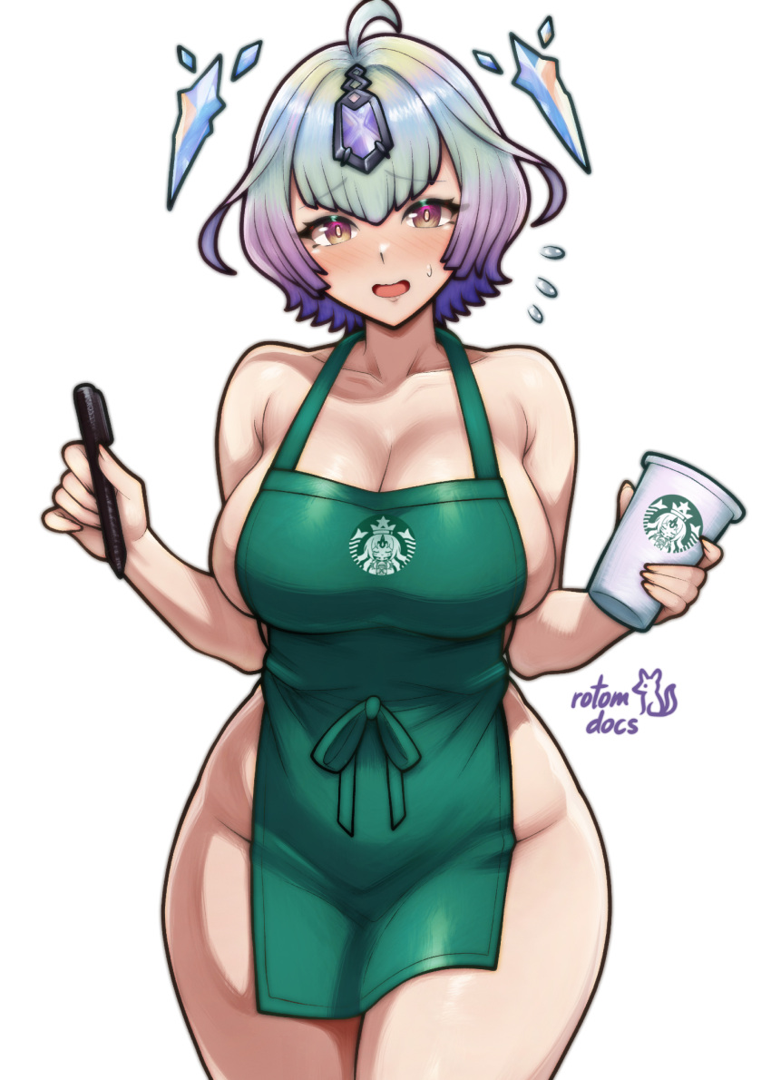 1girl :d alluring apron big_breasts blush bright_pupils cleavage commentary cowboy_shot cup curvy english_commentary fire_emblem fire_emblem_heroes floating floating_object forehead_jewel green_apron high_res holding holding_cup holding_pen iced_latte_with_breast_milk_(meme) intelligent_systems looking_at_viewer meme naked_apron nervous_smile nintendo open_mouth pen rotomdocs seidr_(fire_emblem) short_hair simple_background smile starbucks white_background white_pupils