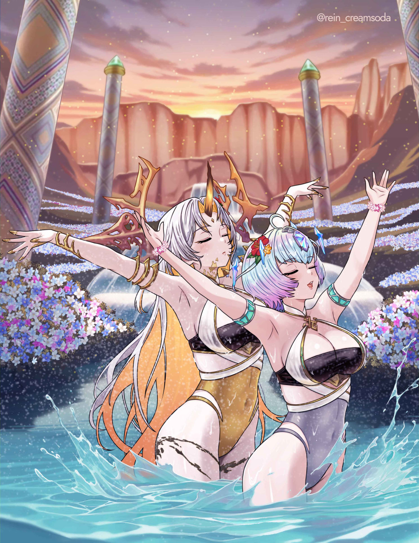 2_girls absurd_res alluring big_breasts closed_eyes commission fire_emblem fire_emblem_heroes gold_horns gullveig_(fire_emblem) gullveig_(summer)_(fire_emblem) high_res horns intelligent_systems multiple_girls nintendo one-piece_bikini pale_skin rein_creamsoda seidr_(fire_emblem) seidr_(summer)_(fire_emblem) single_horn synchronized_swimming water yellow_horns