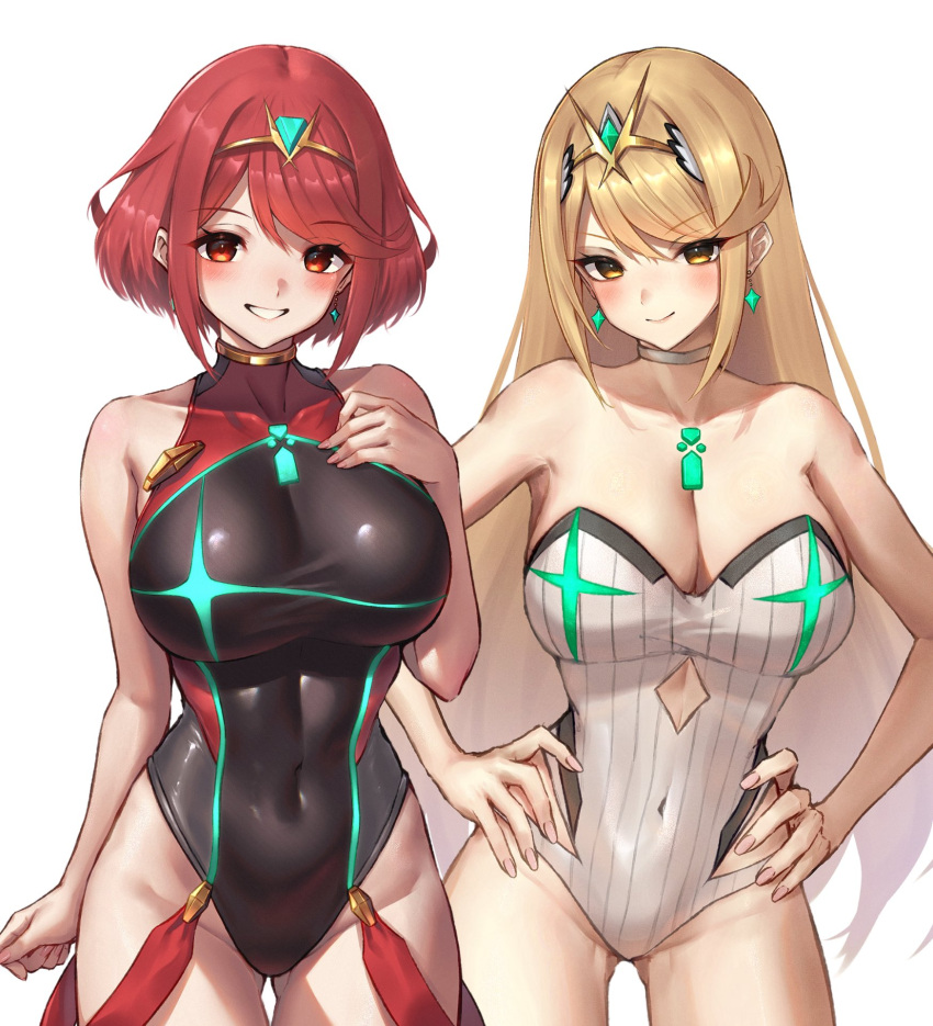 2_girls alluring big_breasts black_one-piece_bikini hakusai_(hksicabb) multiple_girls mythra_(radiant_beach)_(xenoblade) mythra_(xenoblade) one-piece_bikini pyra_(pro_swimmer)_(xenoblade) pyra_(xenoblade) white_one-piece_bikini xenoblade_(series) xenoblade_chronicles_2