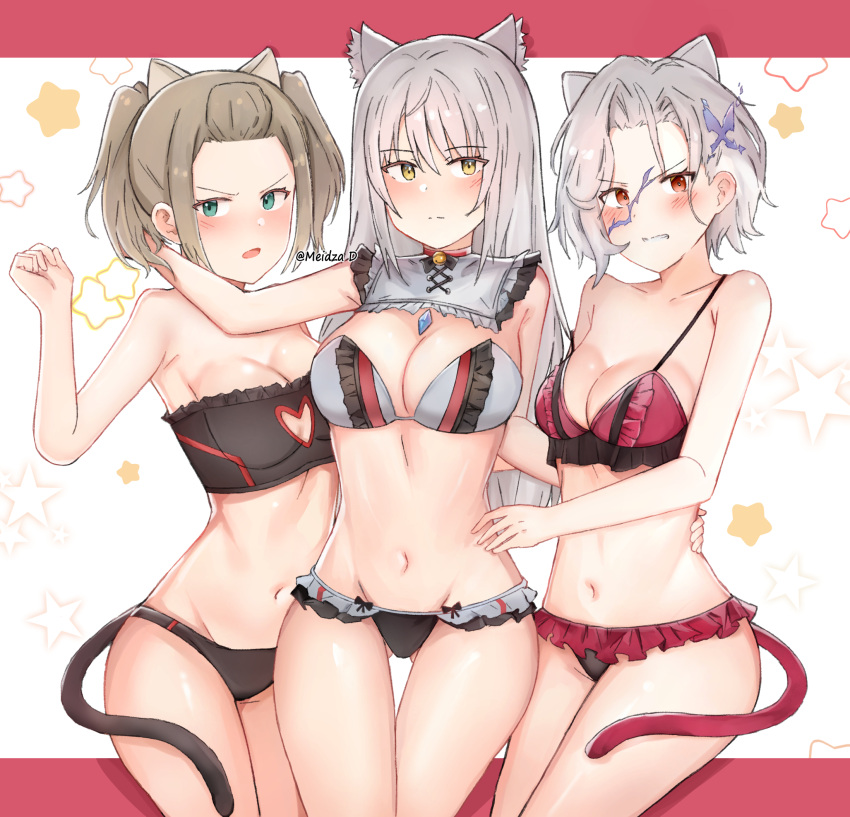 3_girls alluring alternate_costume animal_ears annoyed big_breasts bikini black_bikini blush brown_hair cat_ears cat_girl cat_tail collarbone commentary english_commentary fake_animal_ears fake_tail green_eyes grey_hair high_res looking_at_viewer m_(xenoblade) medium_breasts meidza_d multiple_girls navel open_mouth red_eyes shania_(xenoblade) standing swimsuit tail twin_tails v-shaped_eyebrows white_background x_(xenoblade) xenoblade_(series) xenoblade_chronicles_3 yellow_eyes