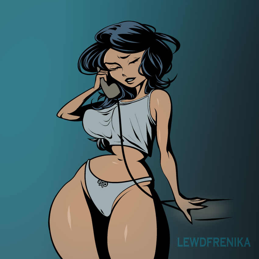 artist_request big_breasts black_hair blue_background bow_panties closed_eyes collarbone comic derivative_work gradient_background grey_background groin jacqueline_gavin lewdfrenika navel panties pussy redesign ribbon_panties short_hair sidelocks speaking t-shirt telephone thick_thighs underwear undies white_panties white_shirt wide_hips x-men