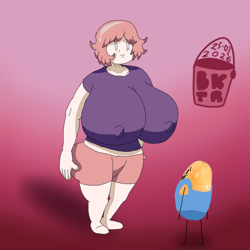 batata_(brubs) big_breasts breasts brubs bucketaroo huge_ass huge_breasts meguka_(brubs) pajamas pink_hair pink_pants potato purple_shirt thick_thighs unrealistic_proportions youtube