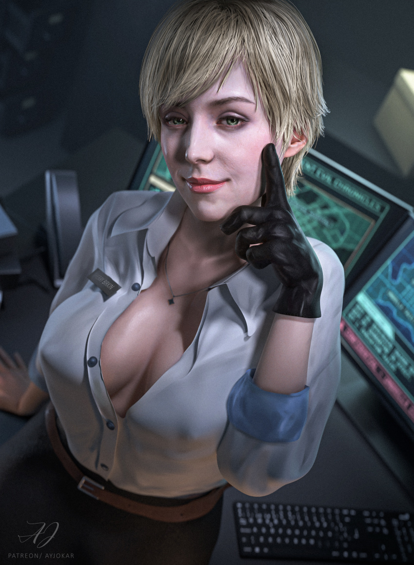 1girl 1girls 3d big_breasts biohazard blonde_hair capcom female_only full_lips grin human human_female jokar light-skinned_female mature_female perky_nipples resident resident_evil resident_evil_6 resident_evil_9 resident_evil_9:_requiem resident_evil_requiem sherry_birkin sherry_birkin_(bridgette_haze) short_hair smile