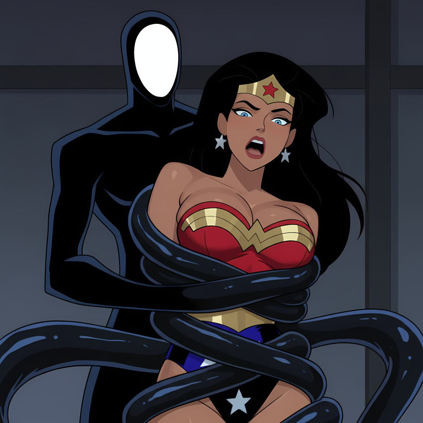 1girl 1other amazon angry arms_at_sides bangs bare_arms bare_shoulders behind_another big_breasts black_hair blue_eyes blue_leotard bondage breasts cleavage collarbone dc_comics dcau defeated defeated_female defeated_heroine defeated_superheroine diana_prince earrings from_behind_position gold_jewelry grey_background heroine highleg highleg_leotard inque jewelry justice_league justice_league_unlimited leotard lips lipstick long_hair looking_at_viewer makeup mound_of_venus multicolored_clothes multicolored_leotard neck open_mouth parted_bangs red_leotard red_lipstick restrained round_teeth screaming sghero1234 sghero1234_(artist) silver_earrings silver_jewelry standing star star_(symbol) star_earrings star_print straight_hair strapless strapless_leotard superhero_costume superheroine supervillain teeth tentacle tentacle_bondage themysciran tiara two-tone_leotard upper_teeth upper_teeth_only villain wonder_woman wonder_woman_(dcau) wonder_woman_(series)