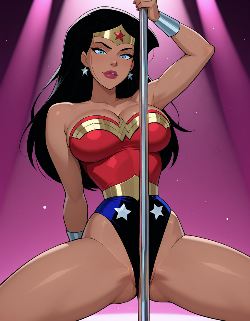 1girl amazon arm_behind_back arm_up armpits bangs bare_arms bare_legs bare_shoulders big_breasts black_hair blue_eyes blue_leotard bracer breasts cleavage collarbone dancing dc_comics dcau diana_prince earrings female_only female_solo gold_jewelry grin half-closed_eyes heroine highleg highleg_leotard jewelry justice_league justice_league_unlimited legs leotard lips lipstick long_hair looking_at_viewer makeup multicolored_clothes multicolored_leotard naughty_face neck parted_bangs parted_lips pole pole_dancing purple_background red_leotard red_lipstick sghero1234 sghero1234_(artist) silver_bracer silver_earrings silver_jewelry smile spotlight spread_legs star star_(symbol) star_earrings star_print straight_hair strapless strapless_leotard superhero_costume superheroine themysciran thighs tiara two-tone_leotard wonder_woman wonder_woman_(dcau) wonder_woman_(series)