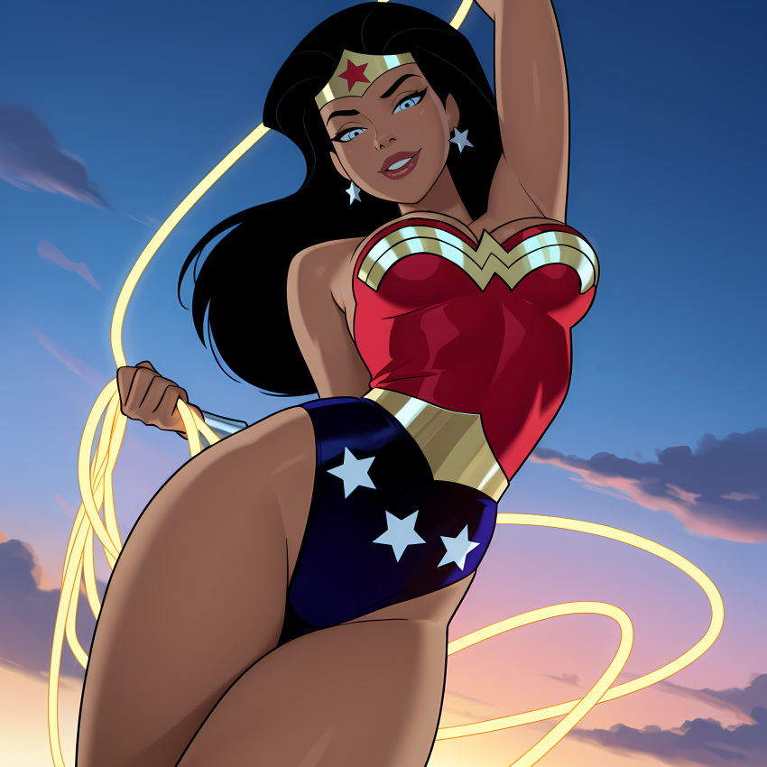 1girl amazon arm_behind_back arm_up armpits bangs bare_arms bare_legs bare_shoulders big_breasts black_hair blue_eyes blue_leotard bracer breasts cleavage cloud contrapposto crossed_legs dancing day dc_comics dcau diana_prince earrings female_only female_solo from_below gold_jewelry grin half-closed_eyes hand_up head_tilt heroine highleg highleg_leotard holding holding_object holding_rope jewelry justice_league justice_league_unlimited lasso_of_truth legs leotard lips lipstick long_hair looking_at_viewer looking_down makeup mound_of_venus multicolored_clothes multicolored_leotard naughty_face neck outside parted_bangs parted_lips red_leotard red_lipstick sghero1234 sghero1234_(artist) silver_bracer silver_earrings silver_jewelry sky smile standing star star_(symbol) star_earrings star_print straight_hair strapless strapless_leotard superhero_costume superheroine themysciran thick_thighs thighs tiara two-tone_leotard wonder_woman wonder_woman_(dcau) wonder_woman_(series)