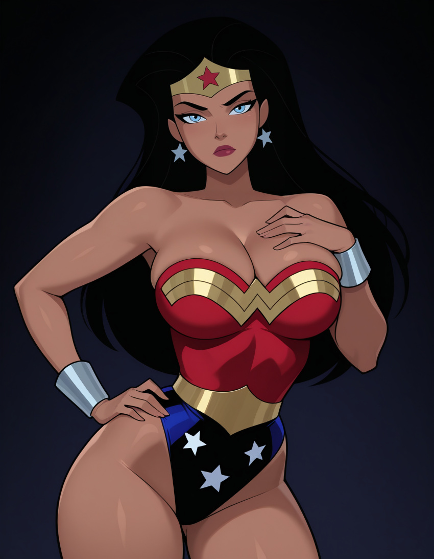 1girl amazon bangs bare_arms bare_legs bare_shoulders big_breasts black_background black_hair blue_eyes blue_leotard bracer breasts cleavage closed_mouth collarbone contrapposto dc_comics dcau diana_prince earrings female_only female_solo gold_jewelry half-closed_eyes hand_on_chest hand_on_hip hand_up head_tilt heroine highleg highleg_leotard jewelry justice_league justice_league_unlimited legs leotard lips lipstick long_hair looking_at_viewer makeup mound_of_venus multicolored_clothes multicolored_leotard neck parted_bangs red_leotard red_lipstick serious sghero1234 sghero1234_(artist) silver_bracer silver_earrings silver_jewelry standing star star_(symbol) star_earrings star_print straight_hair strapless strapless_leotard superhero_costume superheroine themysciran thighs tiara two-tone_leotard wonder_woman wonder_woman_(dcau) wonder_woman_(series)