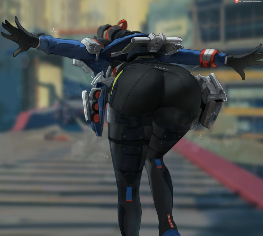 1girl bent_over big_breasts black_hair bubble_butt cleavage doggy_position horny inviting_to_sex oroborus pose red_eyes red_hair standing teasing thick_thighs zenless_zone_zero zhu_yuan